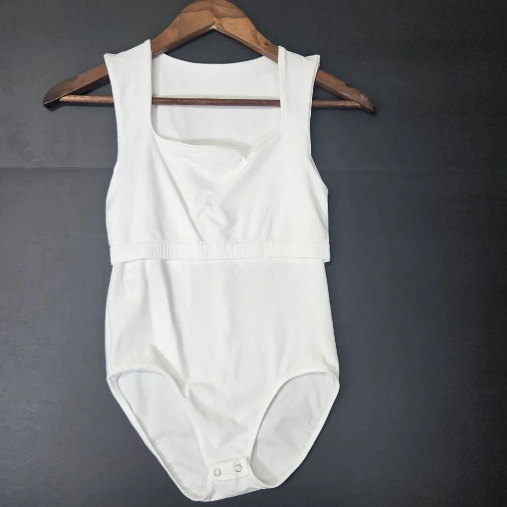 WallFlower Women's Sz S/M White Bodysuit Snap Button Square Neck W/ Inner Suppor
